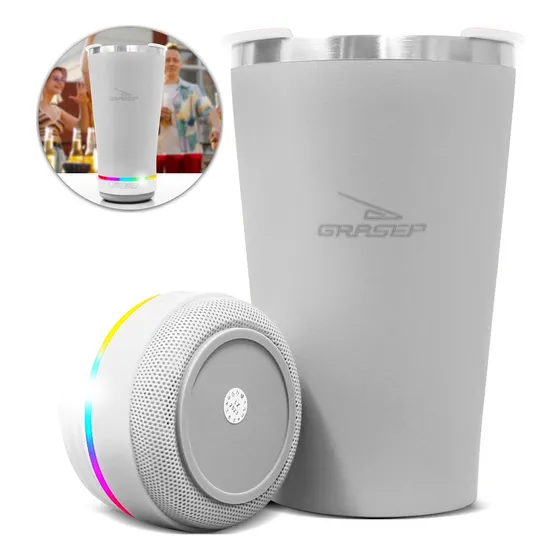 Copo Termico E Caixa De Som Com Tampa Abridor Inox Led Rgb Cor Branco Liso