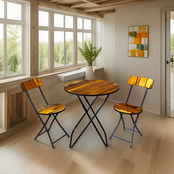 Set De Mesa Redonda 2 Sillas Todo Plegable Mdf Y Metal