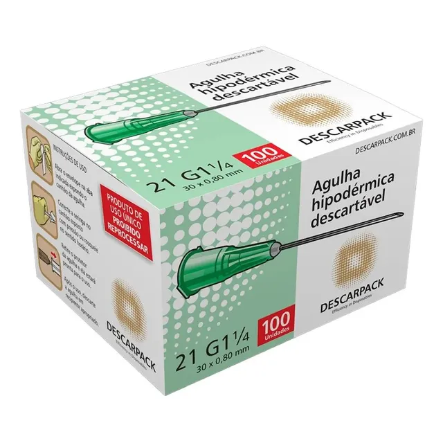 Agulha Hipodérmica 30 x 0,80mm 21g Descarpack com 100 Unidades