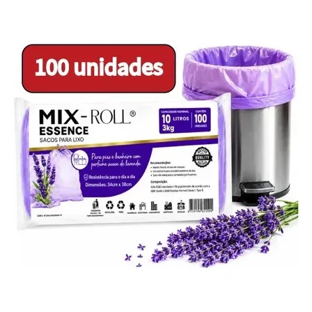 Sacos Lixo Perfumado Lavanda 100 unidades Resistentes 10 Litros Neutraliza Odores Pia e Banheiro Mix Roll