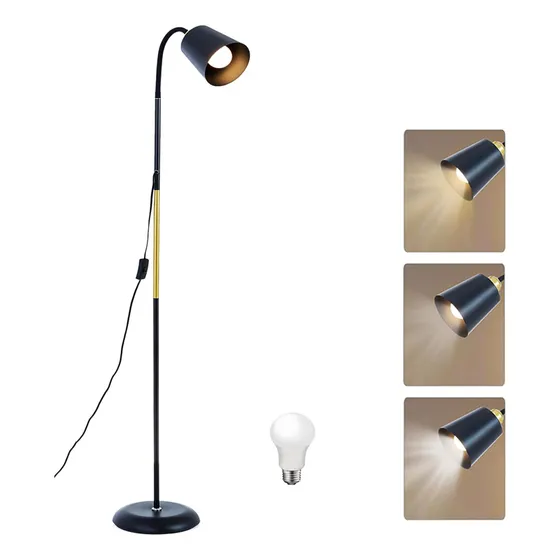 Lámpara de Piso LED,Lámpara de Pie Dapon, Metal, 9W, 127V, Ajustable 1.8m, 3 Modos de Iluminación, Eficiente, Montaje en Suelo, Moderno, para Lectura, Estudio, Decoración, Color Negro