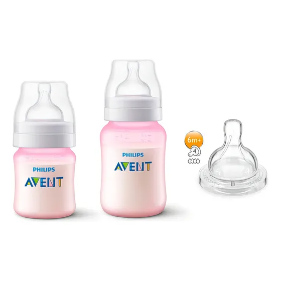 Kit de 2 botellas anticólicas clásicas de 125, 260 ml, color rosa y 1 boquilla