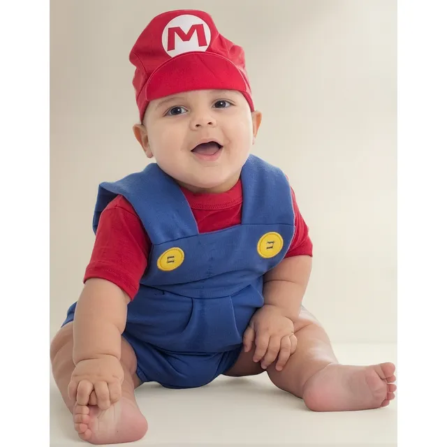 Conjunto Super Mario Bros - Bebês - Macacão + Blusa + Boina