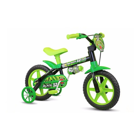 Bicicleta  infantil Nathor Black   12 freios tambor cor preto/verde com rodas de treinamento