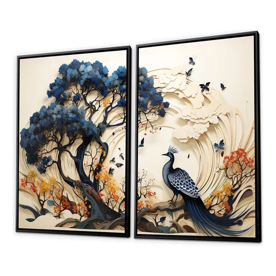 Quadro Duplo Pintura Em Tela Árvore Azul E Pavão 126x93cm