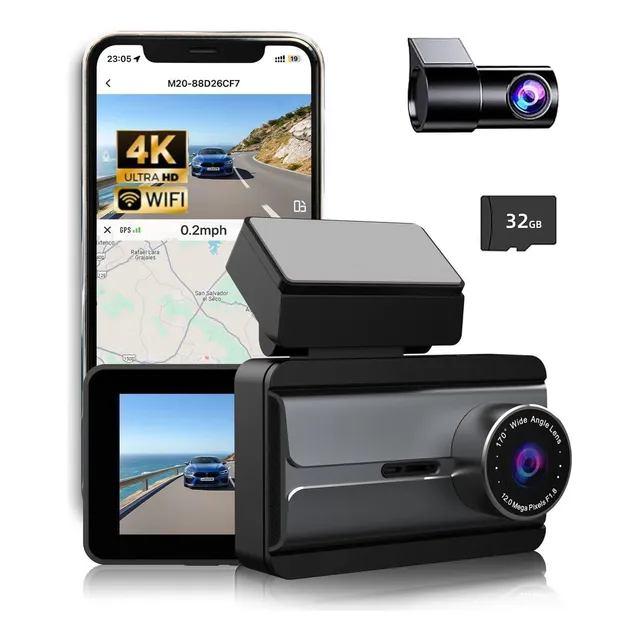 Visauto C20 4K+1080P Cámara para Auto Con Gps,Dash Cam HD con Led Pantalla para Automovil Frontal Y Trasera Wifi Con Visión Nocturna, Tarjeta De 32 Gb, Control Por Voz, Sensor G, Monitor 24/7