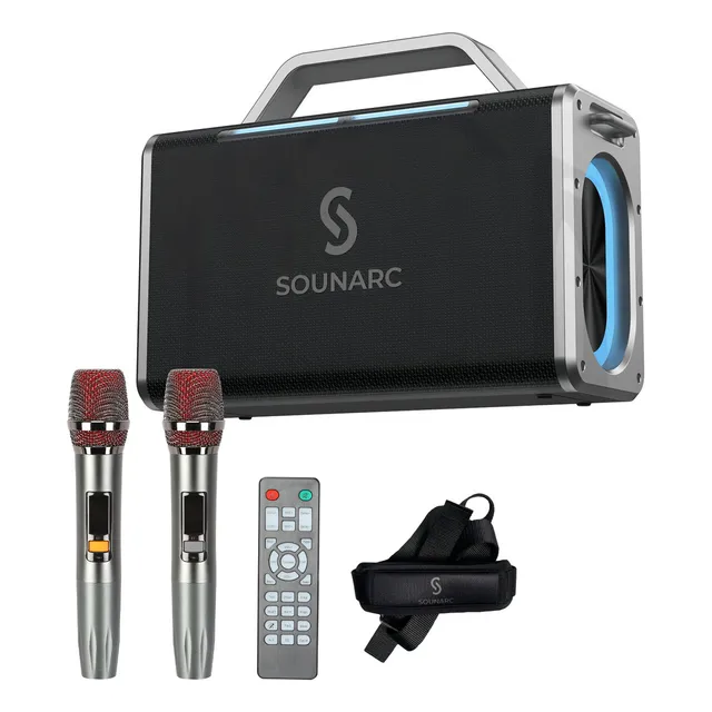 Sounarc K2 Bocina Altavoz Portátil 200w 24000mah Con Dos Micrófonos Inalámbricos Color Negro
