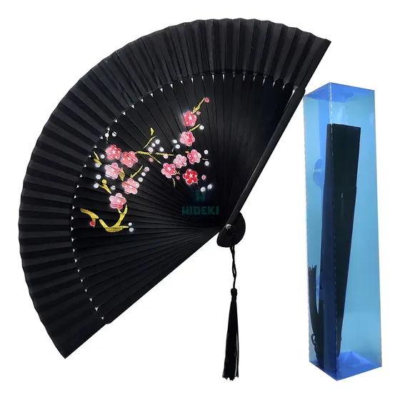 Leque De Madeira Bambu Oriental 21cm Cabe Na Bolsa Luxo Cor Preto Ume No Hana Mod1