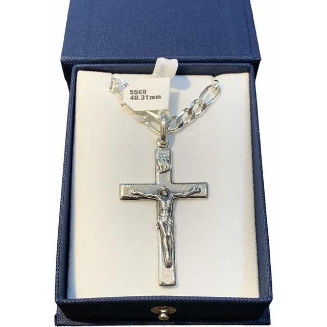 Dije Crucifijo Y Cadena Cubana 60cm Plata 925 Tuset