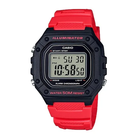 Reloj de pulsera Casio Youth W-218H-4B, digital, para hombre, fondo gris, con correa de resina color rojo, dial negro, minutero/segundero negro, bisel color negro, luz ámbar y hebil