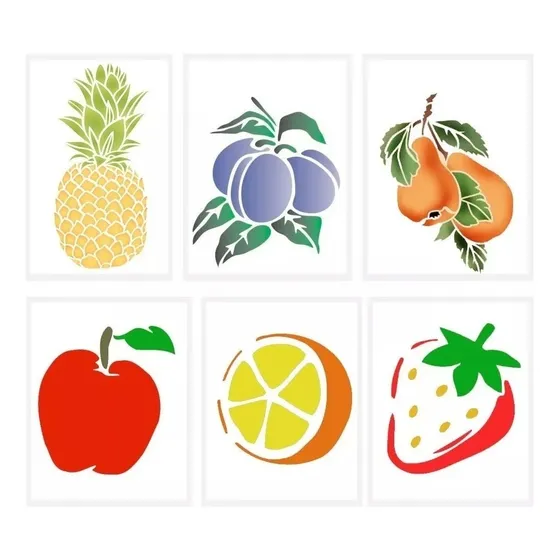 Stencil Frutas Abacaxi Morango Uva Maçã 6 Moldes 13x13cm