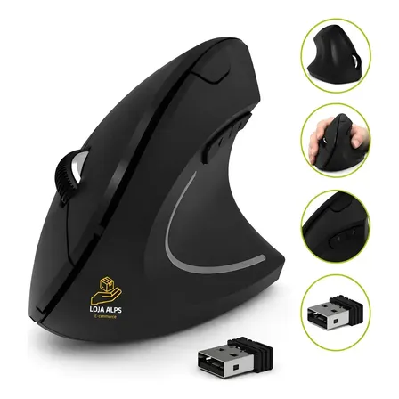 Mouse Vertical Ergonômico Sem Fio para PC e Notebook, com Bluetooth e 1600 DPI, Preto