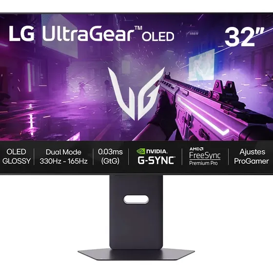 Monitor LG UltraGear OLED Glossy 32“, UHD 4K, 330Hz, Dual Mode, 0,03ms (GtG), AMD FreeSync Premium, Nvidia G-Sync, DCI-P3, DisplayHDR True Black 400, Preto – 32GX850A
