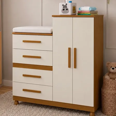 Cômoda Infantil Isabela 4 Gavetas 2 Portas Com Trocador Roupeiro Organizador Guarda Roupas Para Quarto de Bebê Fraldário Multifuncional Móveis Bela Cedro Off