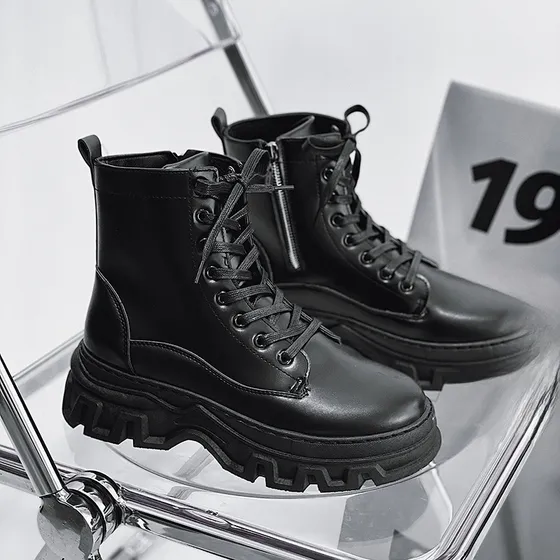 Elegantes Botas Martens De Cuero De Punta Alta Para Hombre, 