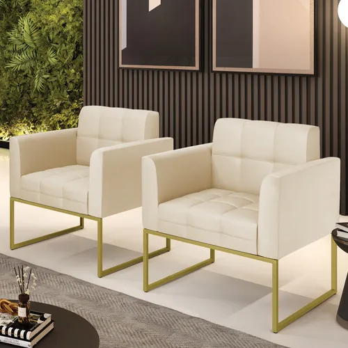 Poltrona Sala de Estar e Jantar Moderna Decorativa Kit 2 Elisa Corino Bege Base Industrial Dourado