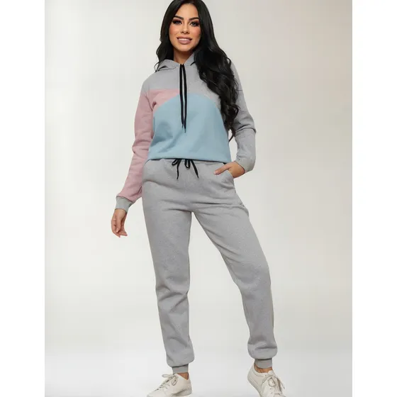 Conjunto Feminino De Moletom Flanelado Com Capuz E Cordão