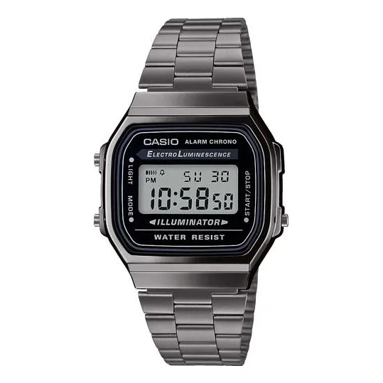 Reloj pulsera digital Casio A-168wgg con correa de acero inoxidable color plateado - fondo gris/negro