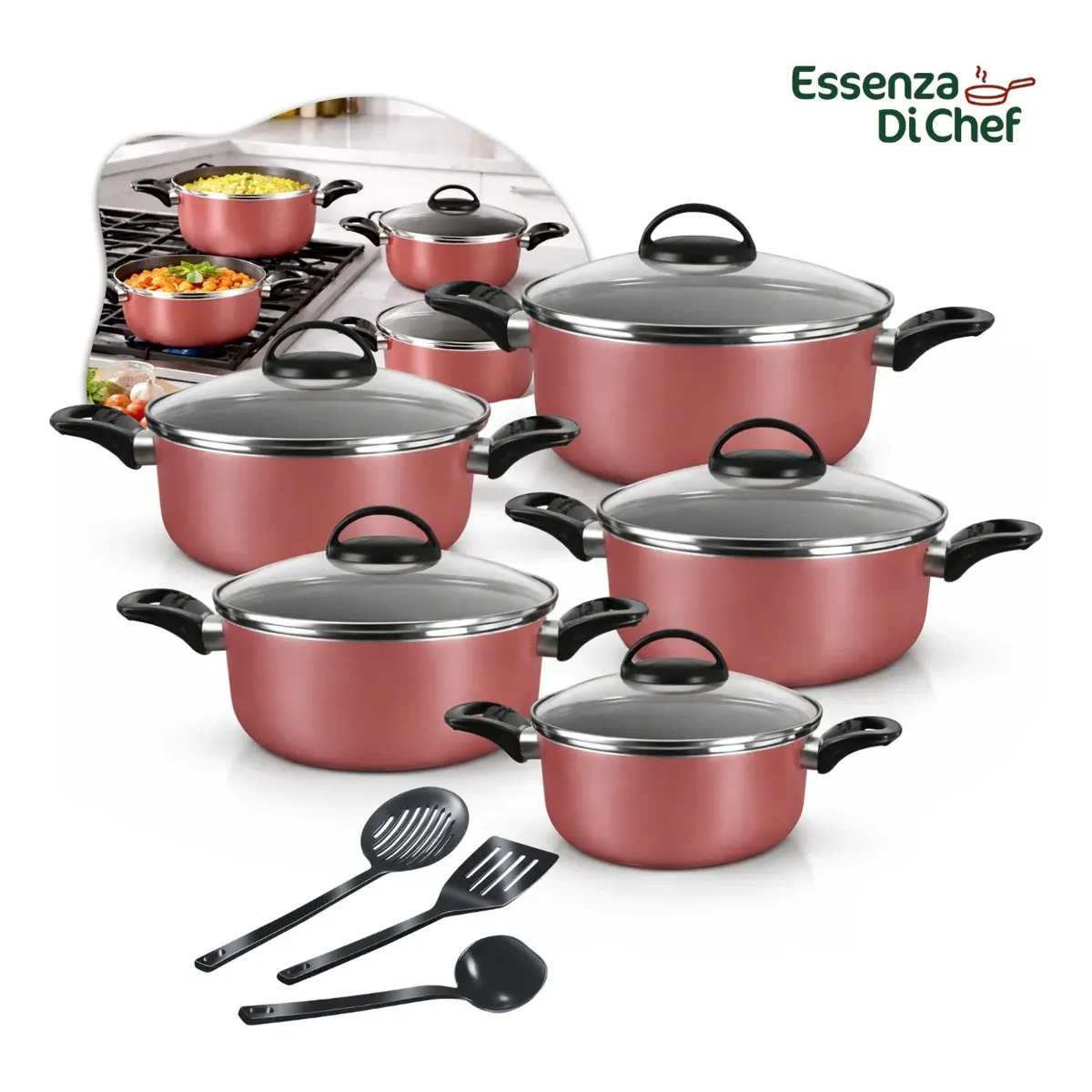 Conjunto De Panelas Caçarolas 5 Peças Antiaderente Com 3 Utensilios