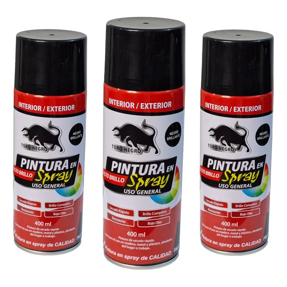 Pintura en Spray uso general secado rapido 400 Ml 3 Unidades color negro brillante