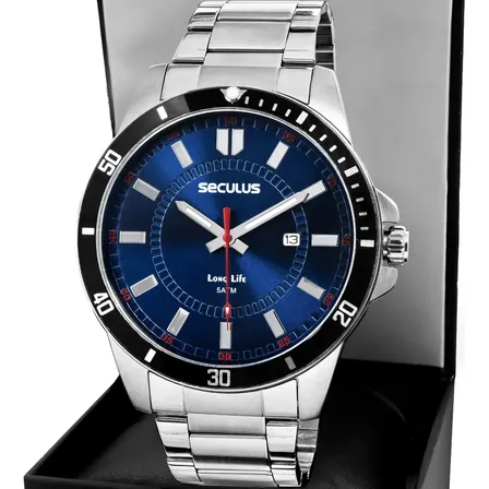 Relógio De Pulso Seculus 44203g0svna1 Com Corria De Aço Inoxidável Cor Prata - Fondo Azul - Bisel Preto