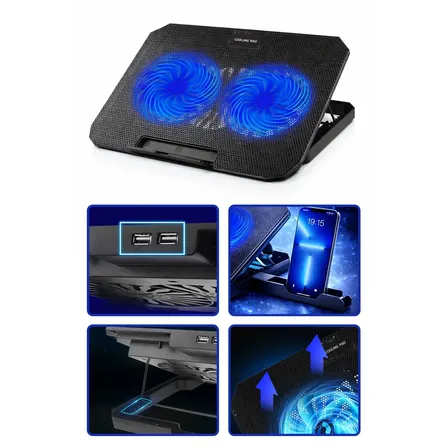 Base Suporte Para Pc Notebook Alumínio Portátil Articulado Dobrável Tablet Laptop Mesa Davely Cor Preto Com Ventoinhas E Suporte Para Celular