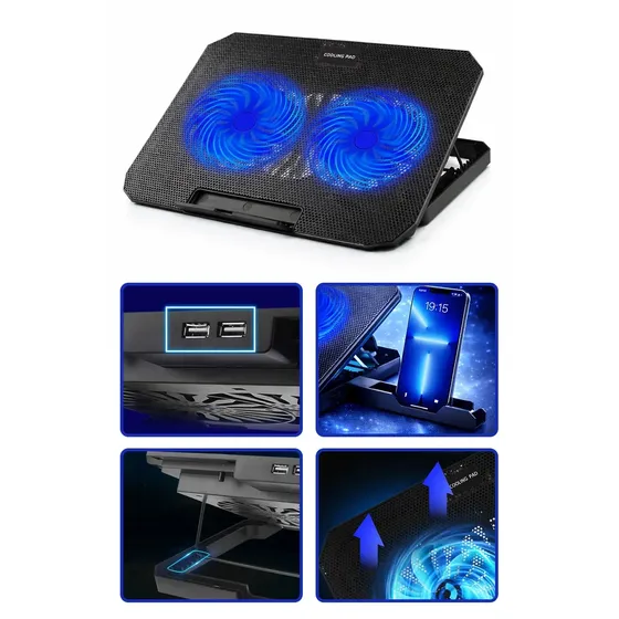 Base Suporte Para Pc Notebook Alumínio Portátil Articulado Dobrável Tablet Laptop Mesa Davely Cor Preto Com Ventoinhas E Suporte Para Celular