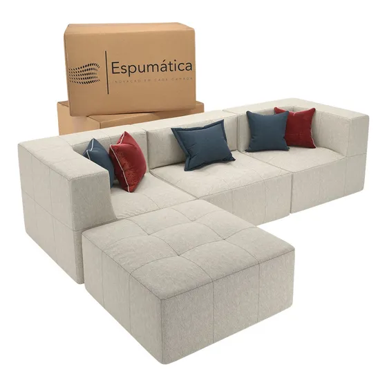 Puff Sofá Casal 3 Lugares Bouclé Modular Com Chaise Lateral