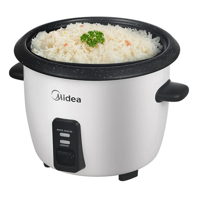 Panela de arroz elétrica Midea branca com tampa de vidro preenchida com arroz cozido e decorada com salsinha