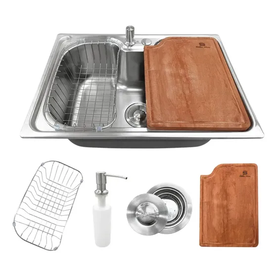 Kit Cuba Gourmet Cozinha Aço Inoxidável 304 60x42cm Escovada com Tábua de Corte Madeira Teca Cesto Escorredor Dosador de Detergente Válvula de Escoamento e Acessórios Completa