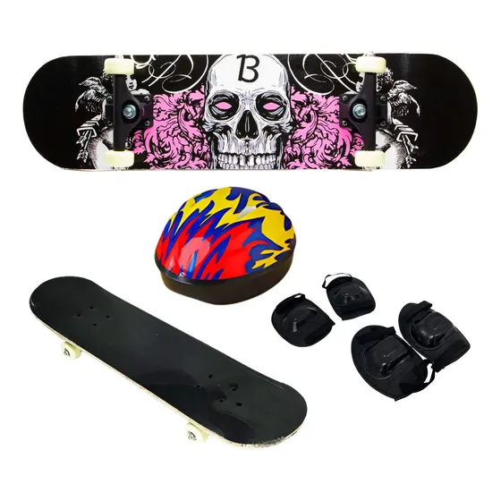 Skate Madeira Esqueite Com Acessórios Capacete Infantil 78cm