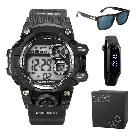Relógio Infantil Masculino Digital Led Prova D'água + Oculos Correia Preto