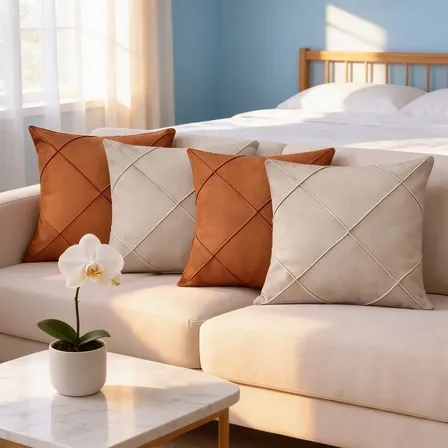 Kit 4 Capa Almofada Suede Drapeada Toque Macio 45x45 Luxo Bege/terracota Lisa