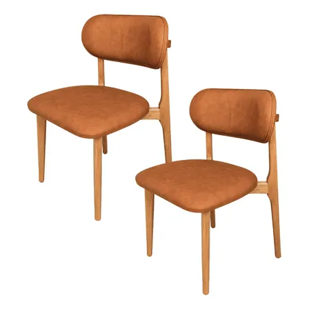 Kit 2 Cadeiras De Madeira Maciça Para Mesa Jantar Estofada Liso Cinamomo Courino Caramelo