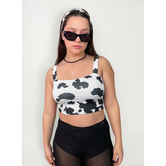 Top Faixa Alça Larga Plus Size Vaquinha Cow Print Sem Bojo