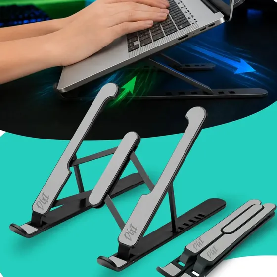 Base Suporte para Notebook e Tablet Dobrável e Ergonômico Para Desktop Portátil Ajustável em 6 Ângulos com Altura Regulável Leve Apoio Universal Digital Informatica Cor Preto