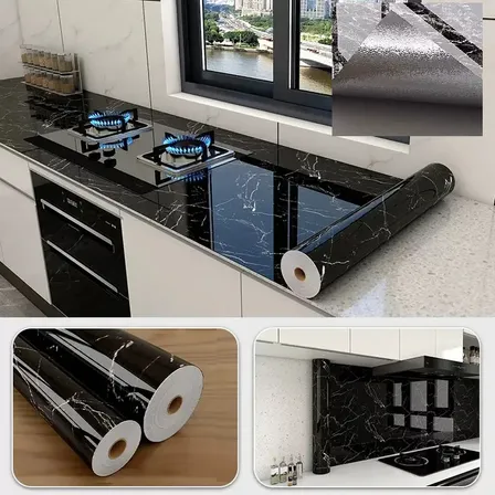 Adesivos Cozinha Pia Fogão Alumnio Resistente Agua/óleo4mx60 Mármore Preto-4mx60cm