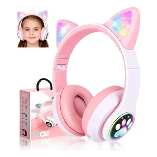 Audifonos Orejas De Gato Bluetooth 5.4 Led Diadema Ninos Rosa