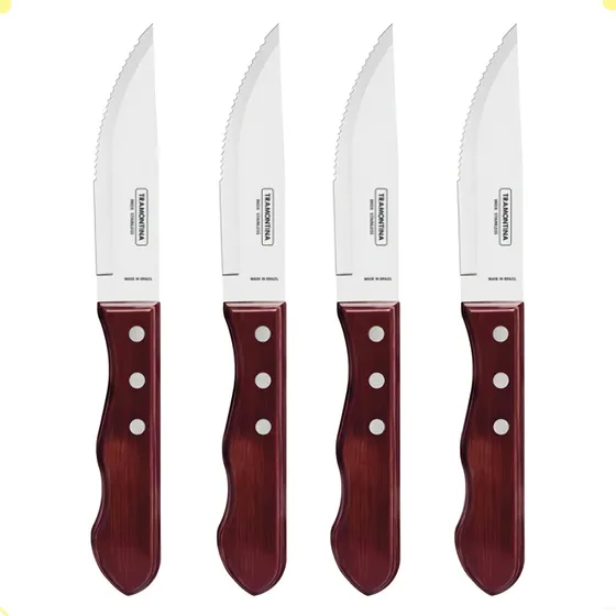 Juego de Cuchillos para Asado Jumbo Tramontina de Acero Inoxidable y Mango Rojo Polywood, 4 piezas.