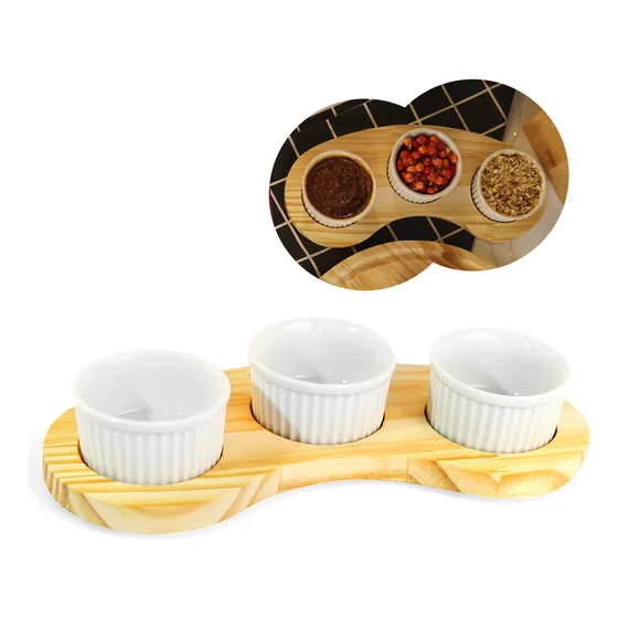 Kit Conjunto Servir 3 Ramequim Porcelana Médio Com Tábua