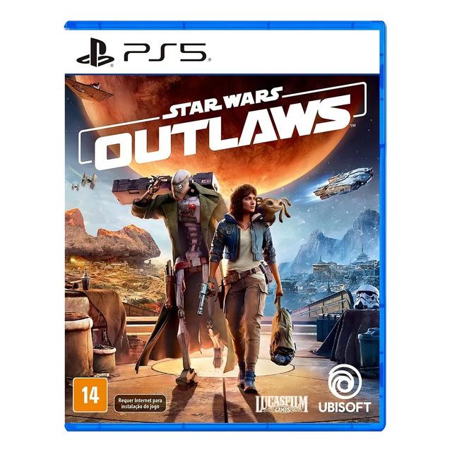 Capa do jogo Star Wars Outlaws para PlayStation 5 exibindo os protagonistas Kay Vess e o robô ND-5 em um cenário desértico com o logo do jogo ao centro.