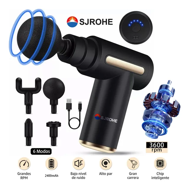 Sjrohe® Pistola De Masaje 6 Modos Muscular Para Relajar Aliviar El Dolor Color Negro Portatil Pistola Masajeador Espalda De Cuello Pies Masajeadores Electricos Cuerpo