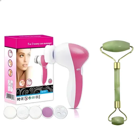Escova Limpeza Facial 5 Em 1 E Rolo Pedra Jade Kit Skincare Aleatória