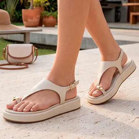 Sandália Papete Feminina Flatform Fivela Ring Toe Vizzano Off White Liso 36
