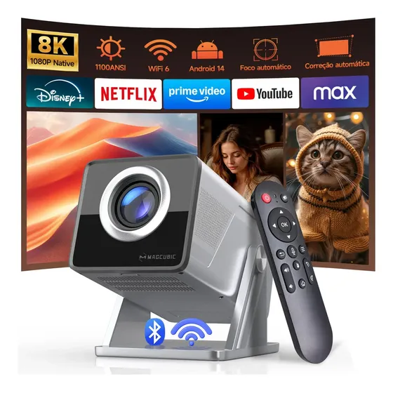 Magcubic X7 Projetor 1100ansi Android 14 1080p 8K Bt5.4 Wifi6 Cinza Foco automático Controle Remoto