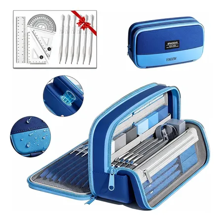 Estuche Gran Capacidad Organiz Magnético Con Lápiz Y Regla Azul