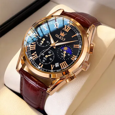 Olevs Relógio Masculino A Prova D'água Couro 2871 Marrom Marrom-claro Preto