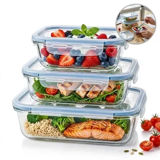 Shokki Kit 3 Potes De Vidro Para Freezer E Micro-Ondas Com Tampa Hermética, Retan