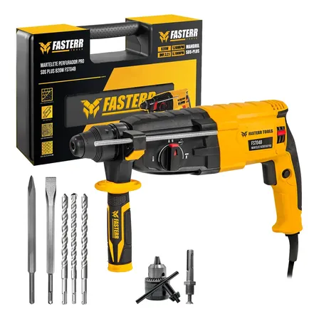 Martelete Perfurador Rompedor 820w Fasterr com KIT Acessórios Cor Preto/amarelo Frequência 50hz/60hz