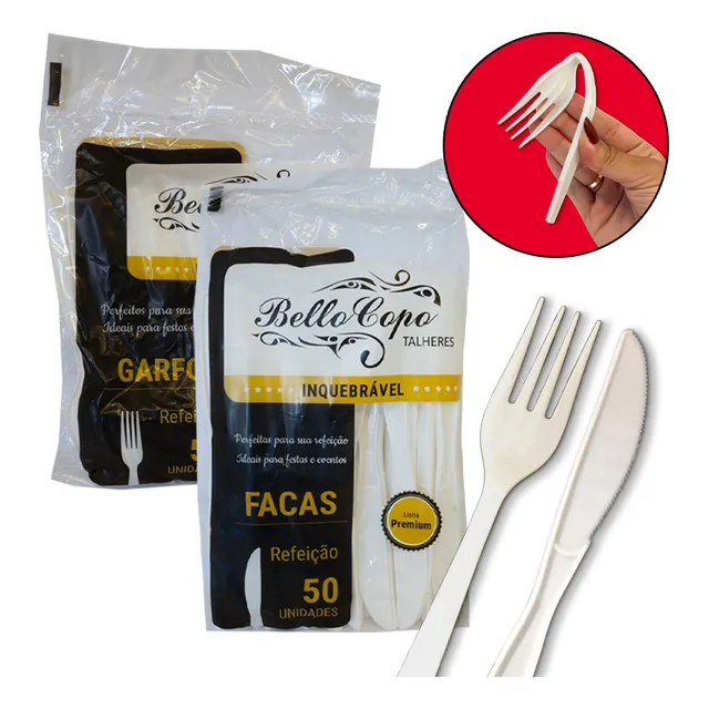 Kit Talher Garfo Faca Descartável Inquebrável Churrasco 100u